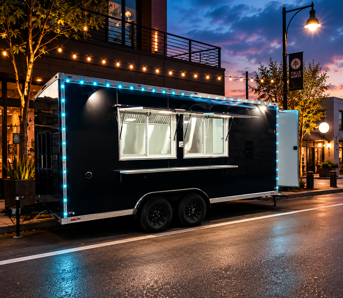 Black food trailer with blue LED lights at night